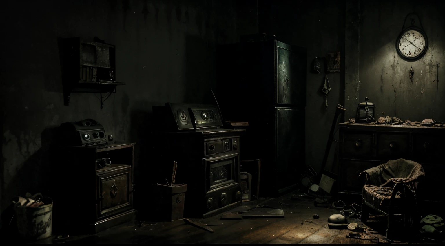 Room with a dark environment, old and off-air TV, dark and macabre Resident Evil mansion-style environment and alone in the dark, post-apocalyptic. Dark, night-time atmosphere, sinister Outlast and Resident Evil style horror location. No characters in the scene. Antique wall clock. Old TV with broken toys on the floor, small headless and dirty dolls.