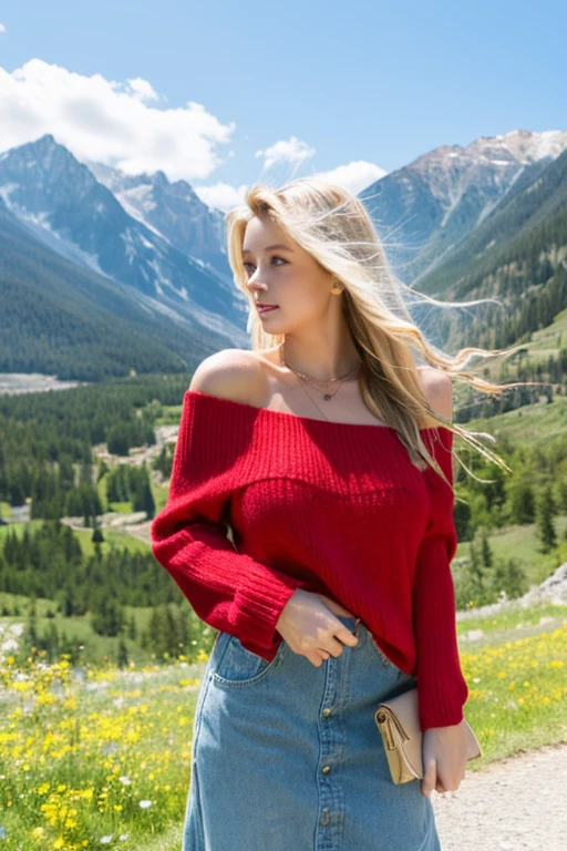 1girl in, 19, Solo, Long hair, Colossal tits, Looking at Viewer, long messy windy blonde hair, Bare shoulders, Full body, a necklace, off shoulders, Red sweater, Realistic, A sexy, spring leaves spring color, mountains on background々.