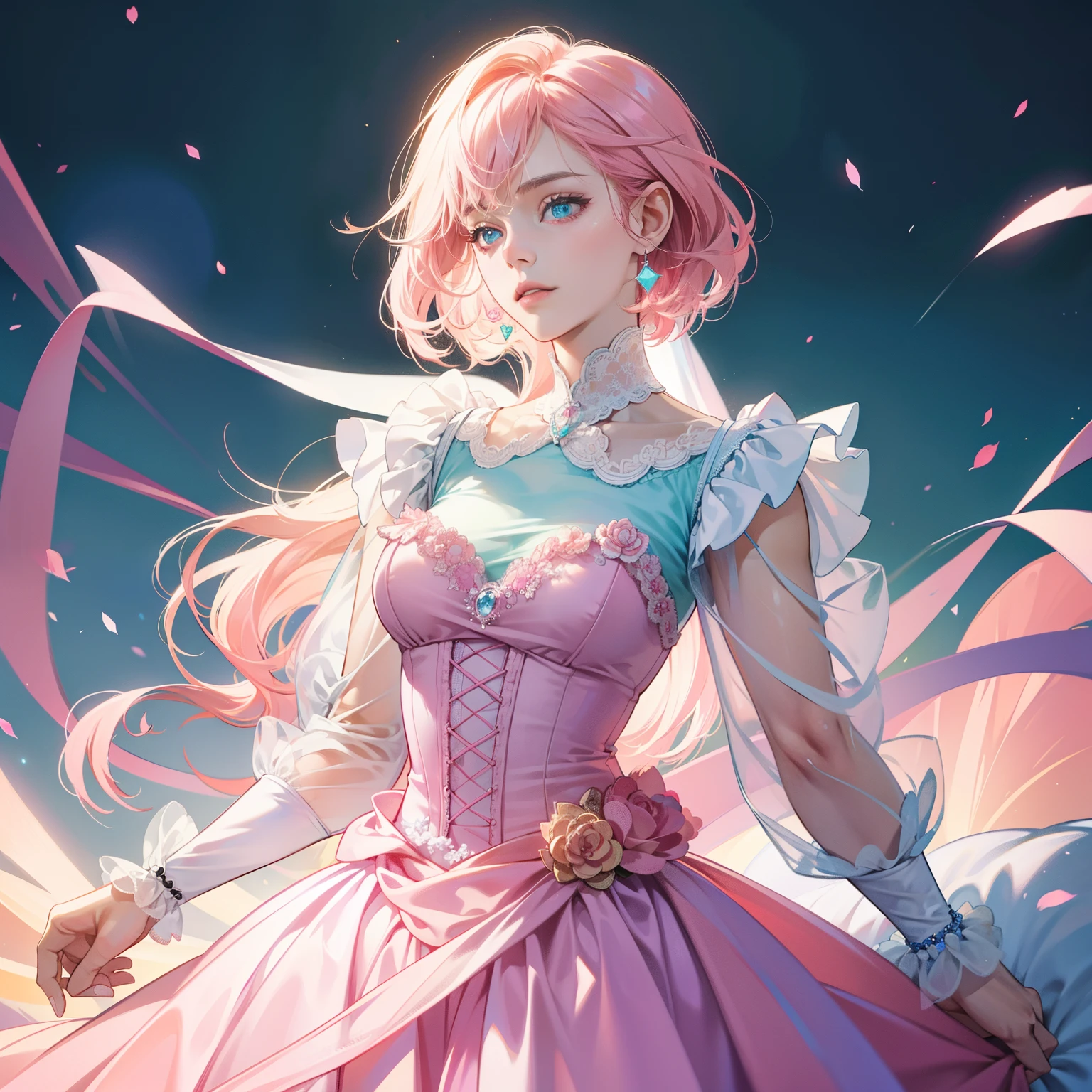 Masterpiece, high quality, best quality, HD, realistic, perfect lighting, detailed body, 1 woman, perfect eyes, short pink & cyan hair, glowing, perfect dress, perfect background.