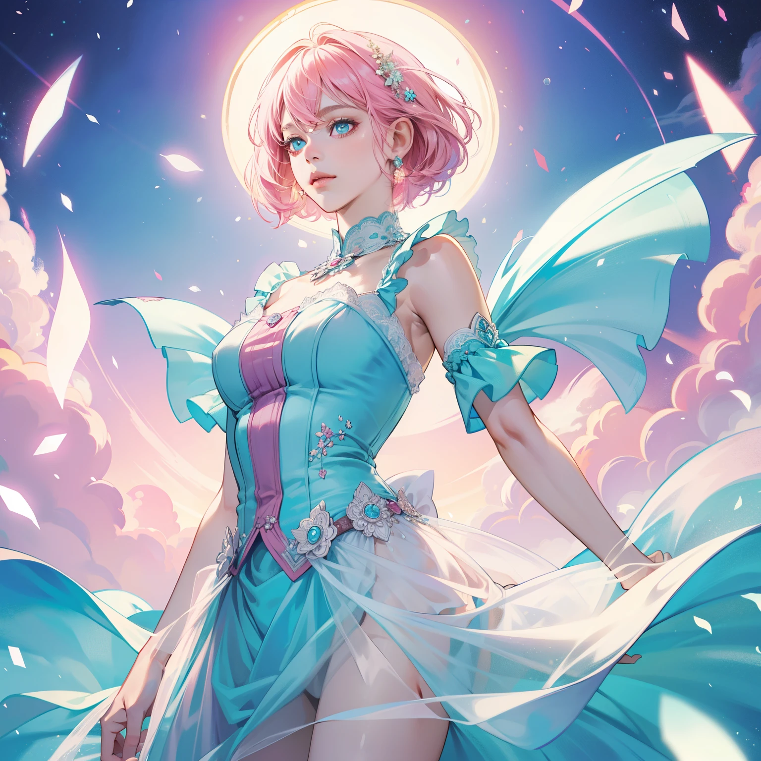Masterpiece, high quality, best quality, HD, realistic, perfect lighting, detailed body, 1 woman, perfect eyes, short hair, pink cyan hair, glowing, perfect dress, perfect background.