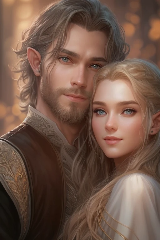 ((A smiling couple in love)), ((woman with long brown hair an elvish dress)), standing with ((a masculine man with short blonde hair and a full blonde beard wearing elvish clothelue eyes, hair with many details, 8k artgerm bokeh, fanart best artstation, render photorealistic, guweiz-style art, inspired by WLOP, ig model | artgerm, detailed waist up portrait, stunning wait up portrait of realistic face, beautiful waist up portrait, deviantart artstation cgscosiety, cinematic realistic portrait, high quality portrait, elegant digital painting, photorealistic artstyle, ((rivendel background)), ((looking at the camera)), lord of the rings, perfect face