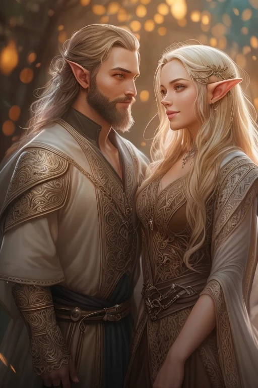 ((A smiling couple in love)), ((woman with long brown hair an elvish dress)), standing with ((a masculine man with short blonde hair and a full blonde beard wearing elvish clothelue eyes, hair with many details, 8k artgerm bokeh, fanart best artstation, render photorealistic, guweiz-style art, inspired by WLOP, ig model | artgerm, detailed waist up portrait, stunning wait up portrait of realistic face, beautiful waist up portrait, deviantart artstation cgscosiety, cinematic realistic portrait, high quality portrait, elegant digital painting, photorealistic artstyle, ((rivendel background)), ((looking at the camera)), lord of the rings, perfect face