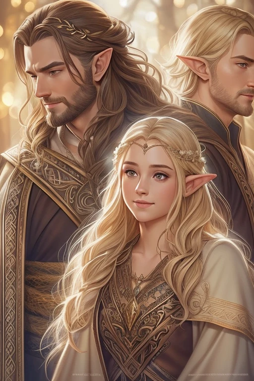 ((A smiling couple in love)), ((woman with long brown hair an elvish dress)), standing with ((a masculine man with short blonde hair and a full blonde beard wearing elvish clothelue eyes, hair with many details, 8k artgerm bokeh, fanart best artstation, render photorealistic, guweiz-style art, inspired by WLOP, ig model | artgerm, detailed waist up portrait, stunning wait up portrait of realistic face, beautiful waist up portrait, deviantart artstation cgscosiety, cinematic realistic portrait, high quality portrait, elegant digital painting, photorealistic artstyle, ((rivendel background)), ((looking at the camera)), lord of the rings, perfect face