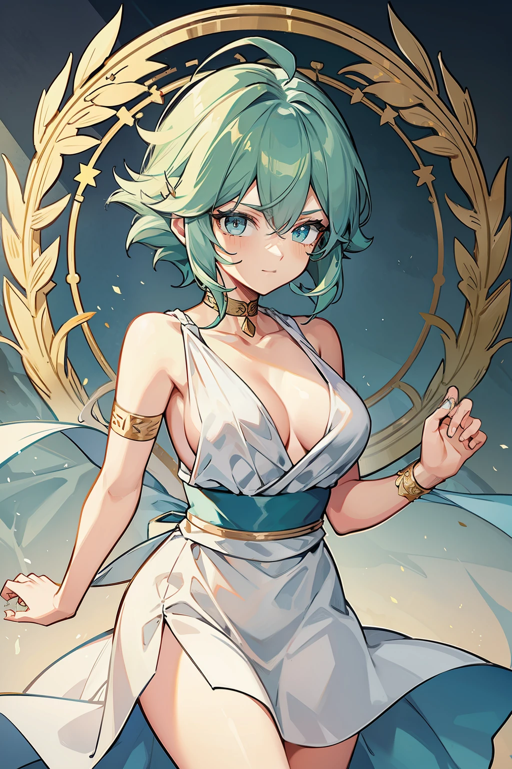 (high-quality, breathtaking),(expressive eyes, perfect face) 1girl, female, solo, young adult , light blue hair, green coloured eyes, stylised hair, gentle smile, short length hair, loose hair, side bangs, curley hair, really spiky hair, fluffy hair, looking at viewer, portrait, ancient greek clothes, blue tunic, white Chlamys, white and blue dress, sleeveless dress, greek, blue and gold sash, ocean background, gold leaf laurel on left and right side of hair, C cup size breasts, gold arm band on left arm