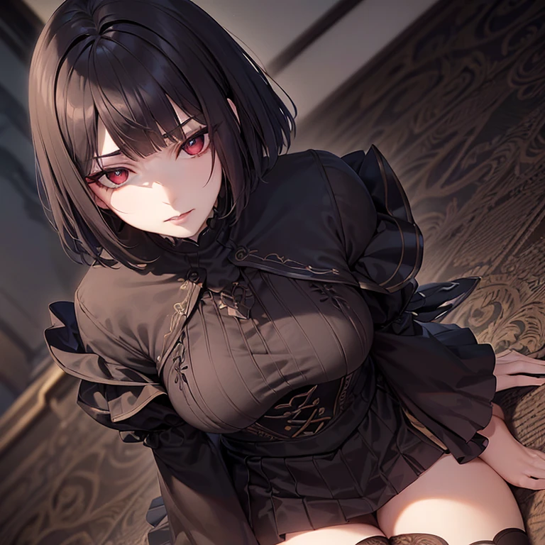 A demonic girl with red skin and black and white spots all over her body, wearing a long dark gray off-shoulder sweater, with yellow eyes, fantasy anime style, dark wine red short hair, short cafe setting, goat legs, best quality, 4k, 8k, highres, masterpiece:1.2, ultra-detailed, realistic, photorealistic, photo-realistic:1.37, HDR, UHD, studio lighting, ultra-fine painting, sharp focus, physically-based rendering, extreme detail description, professional, vivid colors, bokeh, dark fantasy, anime style, EYES YELLOW DEMONIATIC