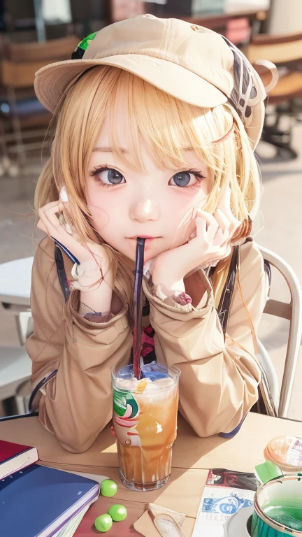 anime girl with a hat and a drink sitting at a table, anime visual of a cute girl, anime girl drinks energy drink, cute anime girl, kawaii realistic portrait, anime moe artstyle, splash art anime loli, ecchi anime style, young anime girl, an anime girl, anime girl, realistic anime 3 d style, cute anime style, kawacy