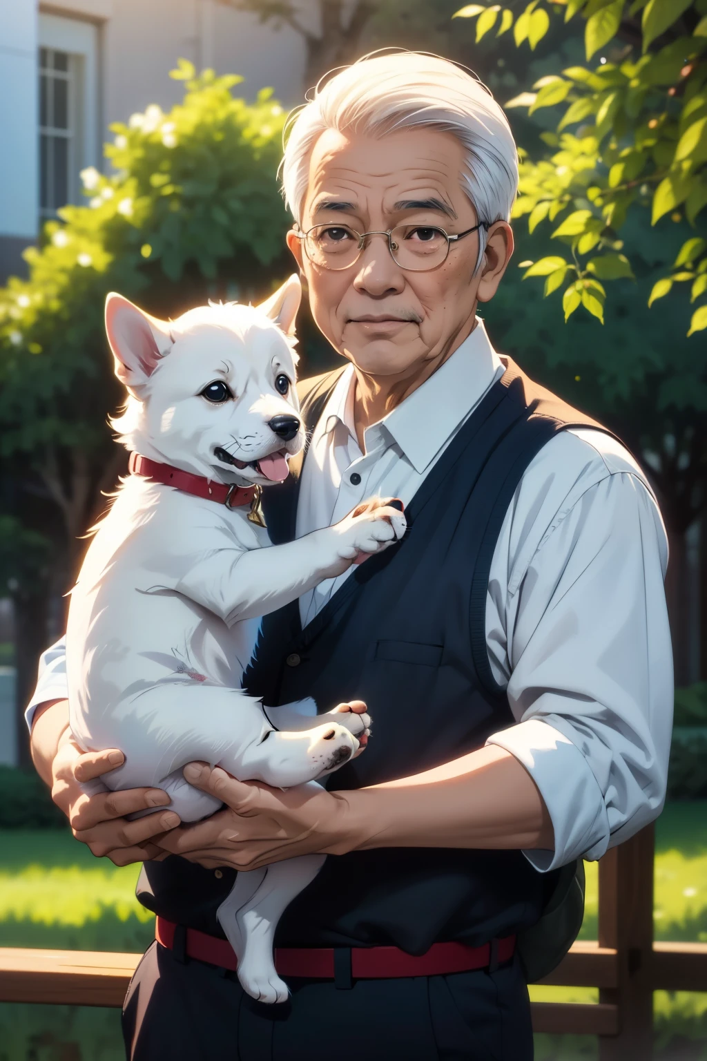 tmasterpiece, Best quality at best, cinematic Film still from, o cachorrinho, Being held by an old Asian man, Elderly man wearing casual clothes,The puppy looked at the old man helplessly,, (Watercolor illustration, pastelcolor:1.1), actual, Puppy's pitiful eyes,The puppy’s helpless eyes,white puppy hair, Puppy black eyes,puppy furry, In the park, 32K resolution