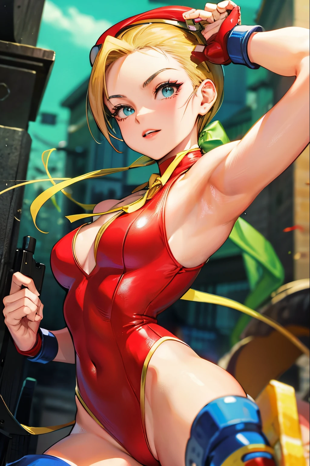 street fighter, cammy, showing armpits and ,  half naked.