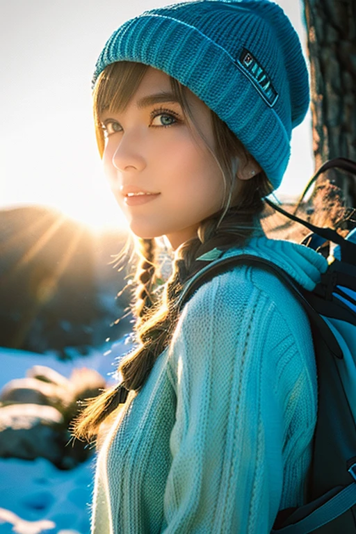 1 beautiful Russian woman, blonde braided hair, masutepiece, Best Quality, Ultra-detailed, Solo, Outdoors, (Night), mountainscape, Nature, (Stars, Moon) Cheerful, Happy, backpack, sleeping bag, Camping stove, water bottle, Mountain boots, gloves, Sweaters, hat, flash lights, forest, boulders, River, Wood, Smoke, shadowy, Contrasty, crystal clear skies, analog style (look at viewr:1.2) (Skin Texture) (Film grain:1.3), (warm hue, warm tone) :1.2), close up, Cinematic Light, side lights, 超A high resolution, Best Shadow, raw, Upper body, wearing pullover