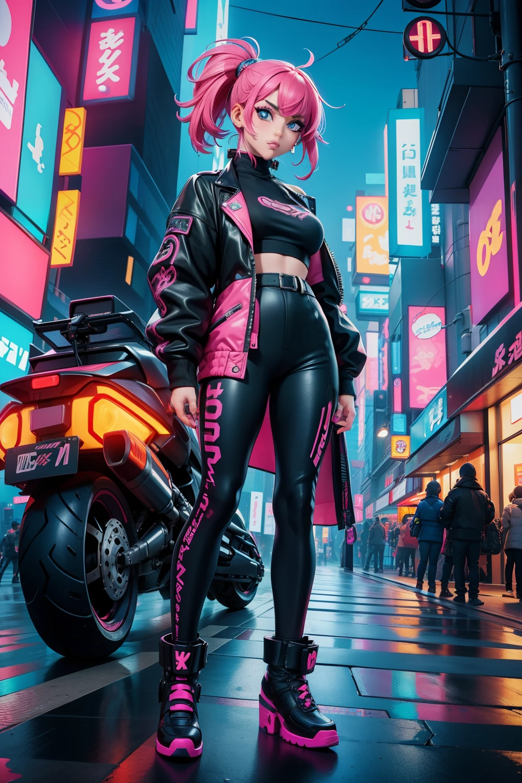 masterpiece, best quality, 1 cyberpunk girl, full body shot, standing in front of motorcycle, looking at viewer, Confident cyberpunk girl with sassy expression, Harajuku-inspired pop outfit, bold colors and patterns, eye-catching accessories, trendy and innovative hairstyle, vibrant makeup, Cyberpunk dazzling cityscape, skyscrapers, neon signs, LED lights, bright and vivid color scheme, anime, illustration, detailed skin texture, detailed cloth texture, beautiful detailed face, intricate details, ultra detailed.