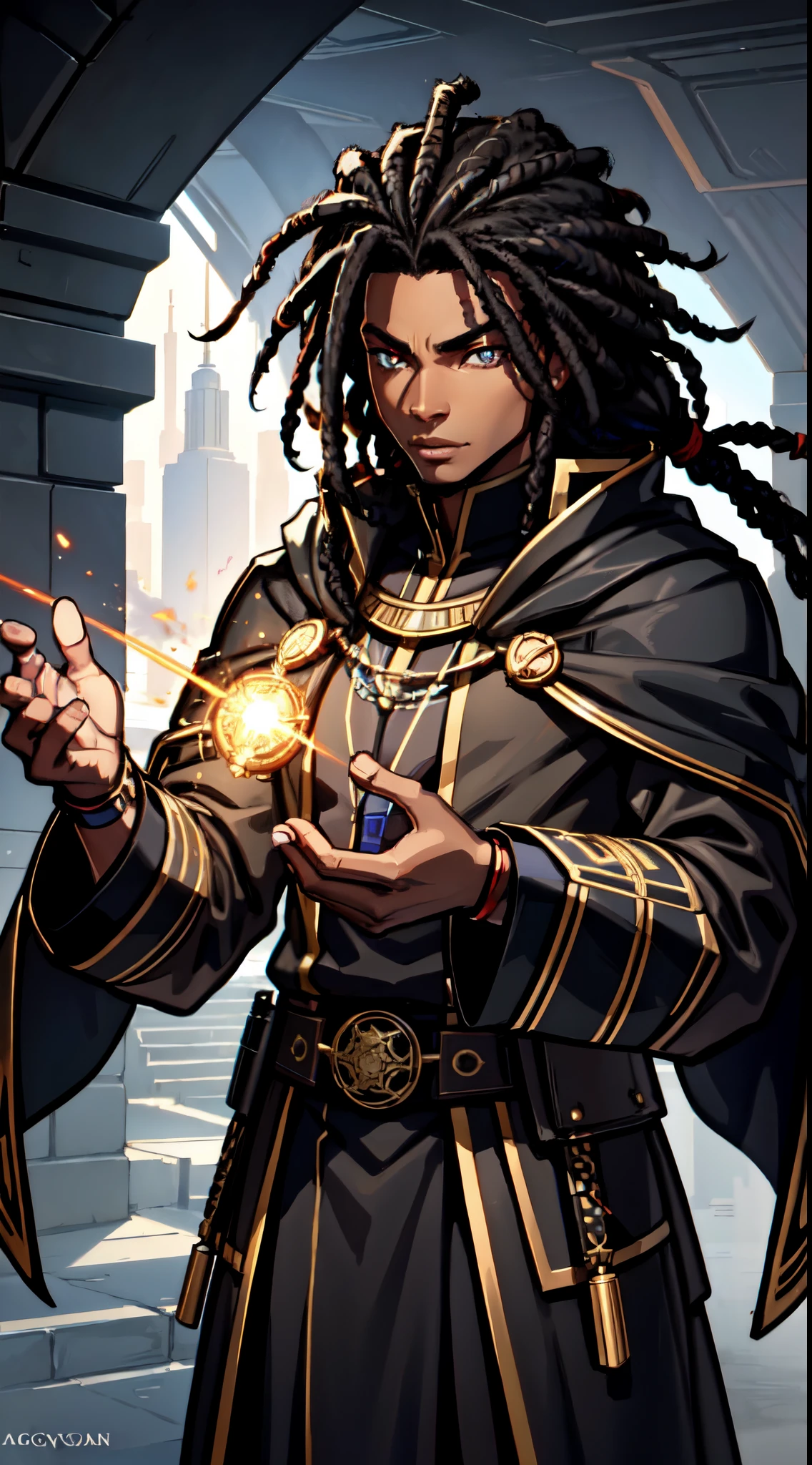 (Concept Art) of an (African-American) male, with dark (black dreadlocks), golden eyes, (prince), (young) assassin, (black) sith robes, (half-demon), Anti-hero), (Mage) assassin, (Sci-fi) fantasy, (close-up shot), perfect composition, hyper-detailed, 8K, high quality, (perfect eyes), trending art, sharp focus, studio photo, intricate details, (action) pose