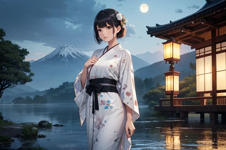 Young woman, beautiful figure, very delicate and beautiful eyes, big moon, rain falling, standing in ankle-deep water, reflection, wet clothes, black hair, short hair, bangs, wet hair, very detailed, Hair accessory, Japanese clothes, yukata, white kimono, translucent, floral pattern, open shoulder, chest, wet, lantern, night, outdoors, rainy, mountains, clouds, lantern, night sky, trees, details Massive, CG, cinematic lighting, detailed backgrounds, East Asian architecture