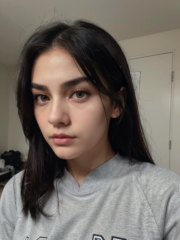 Long wolf cut black hair, detailed sleepy eyes, detailed pointed nose, detailed thin full pinkish lips, strong jawline, cool university outfit, tomboy, bad girl look, perfect eyebrow, slim fit, petite, athletic figure, tall, sad eyes, university student, good image, follow the prompt please, long face