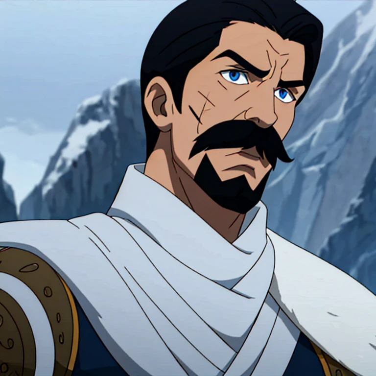 Male, with black hair having turned white at his temples and lower jaw, a black trimmed handlebar mustache, fair skin and grey blue eyes, cold expression, heavy armor, scar over right eye.