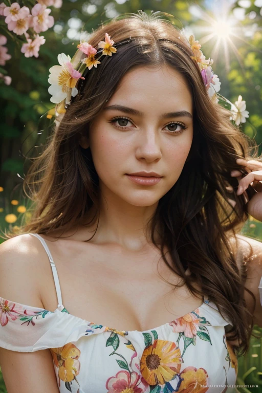commercial illustration of a woman dressed in flowers with flowers in her hair, in the style of artgerm, vibrant palette knife, franciszek starowieyski, michael malm, captures the essence of nature, sun-kissed palettes, illustration --ar 58:77 --s 750 --style raw