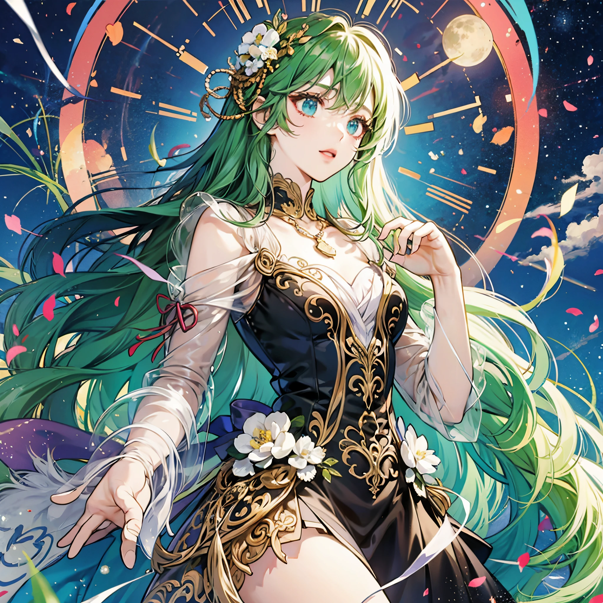 Pretty anime goddess with long green hair, wearing a short dress, anime key visual, moon, intricate, highly detailed, breathtaking beauty, vibrant, sharp focus, illustration --auto --s2