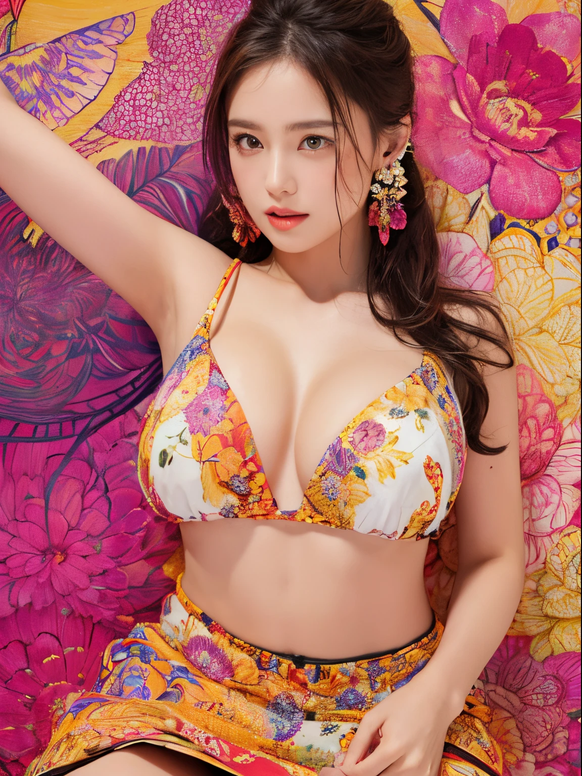 (masterpiece, top quality, best quality, official art, beautiful and aesthetic:1.2), (1girl:1.3), extremely detailed,(fractal art:1.1),(colorful:1.1)(flowers:1.3),highest detailed,(zentangle:1.2), (dynamic pose), (abstract background:1.3), (shiny skin), (many colors:1.4), ,(earrings:1.4),
