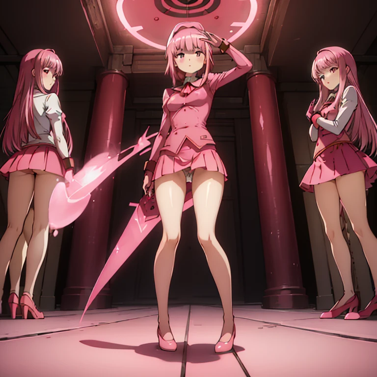 Masterpiece, Best Quality, Highly detailed, illustration, absurdres, 1girl, solo, expressionless, blank eyes, looking at viewer, emotionless, corrution, mind control, female combatant, full body, hypnotized, unhappy trance, both arms at side, obey, perfect female body, extremely glossy latex, hypnosis, hypnoLora, empty eyes, Mind control device, arm at side, stand up straight, standing, standing at attention, latex, pink delmo uniform, delmo uniform, tight miniskirt, pencil skirt, ultra-detailed, Explicit, Beautiful body, Beautiful Nose, Beautiful character design, perfect eyes, perfect face, ultra highres, 4K, beautiful legs, perfect legs, Nice hands, Perfect hand, white skin, pink hair, long hair, pink eyes, puffy sleeves, looking at viewer, light reflect on clothes, (pink delmo uniform, pink metal foil uniform, pink delmo, pink sleeve, red stripes, tight pink miniskirt, gold shoes), tamaki iroha, pink latex, Puella Magi Madoka Magica Side Story: Magia Record, hat, nazi saluting, military, military saluting, salute