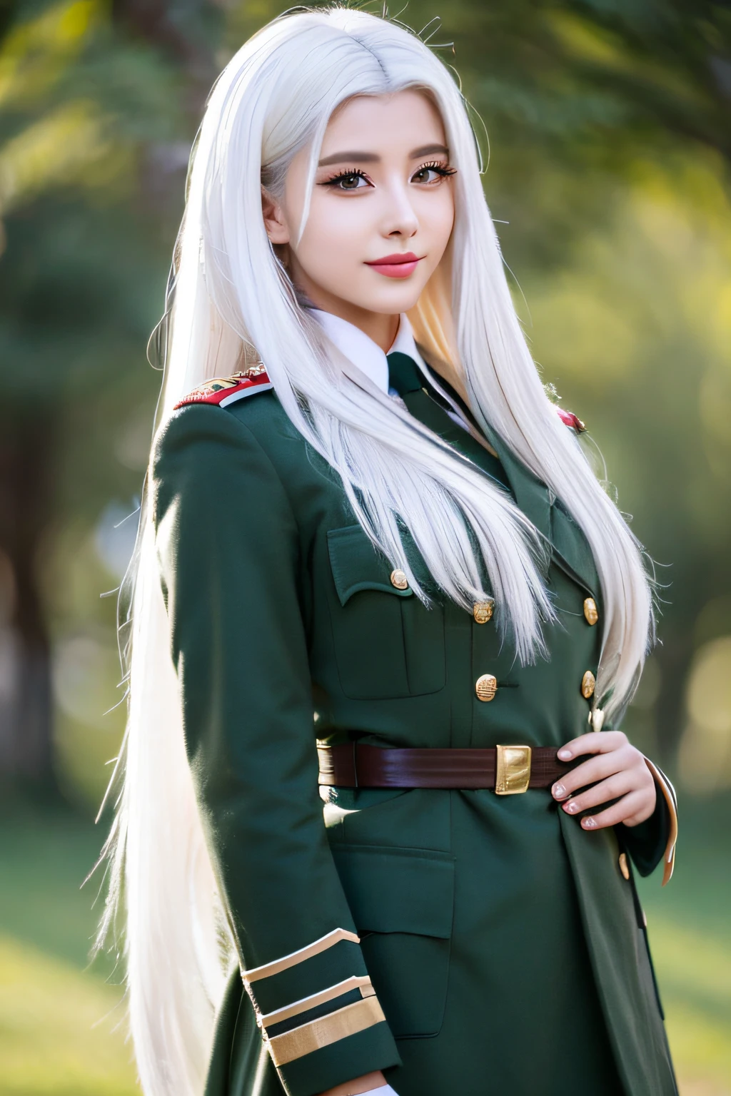 a beauty girl, White hair, Long hair, military outfits