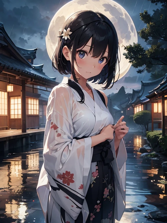 Young woman, very delicate and beautiful eyes, big moon, rain falling, standing in ankle-deep water, reflection, wet clothes, black hair, short hair, bangs, wet hair, very detailed, Hair accessory, Japanese clothes, yukata, white kimono, translucent, floral pattern, open shoulder, chest, wet, lantern, night, outdoors, rainy, mountains, clouds, lantern, night sky, trees, details Massive, CG, cinematic lighting, detailed backgrounds, East Asian architecture