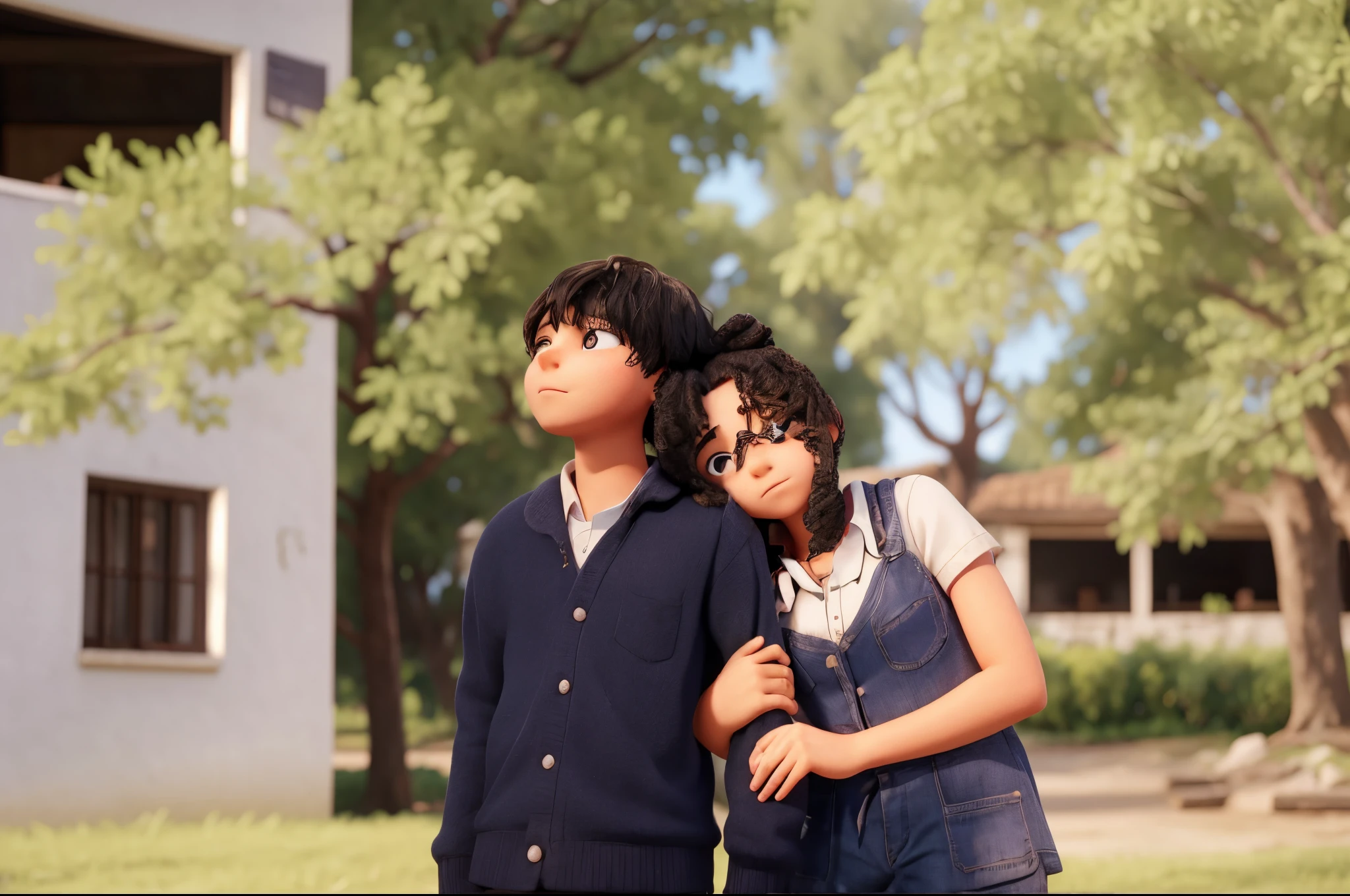 A girl leaning to the  shoulders of the boy while the hands of the girl are on his shoulders while they look in different directions