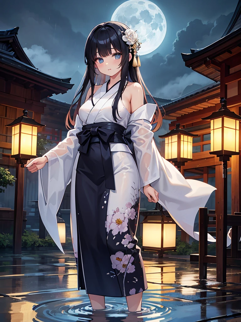 Young woman, beautiful figure, very delicate and beautiful eyes, big moon, rain falling, standing in ankle-deep water, reflection, wet clothes, black hair, long hair, bangs, wet hair, very detailed, Hair accessory, Japanese clothes, yukata, white kimono, translucent, floral pattern, open shoulder, chest, wet, lantern, night, outdoors, rainy, mountains, clouds, lantern, night sky, trees, details Massive, CG, cinematic lighting, detailed backgrounds, East Asian architecture