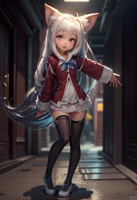 Alta calidad, High detail, Ultra realismo, chica, cabello blanco, orejas de gato, uniforme escolar, clima lloviendo,tiene la ropa mojada, ropa sucia, loss expression, DE Noche, lluvia, afuera de la casa.
