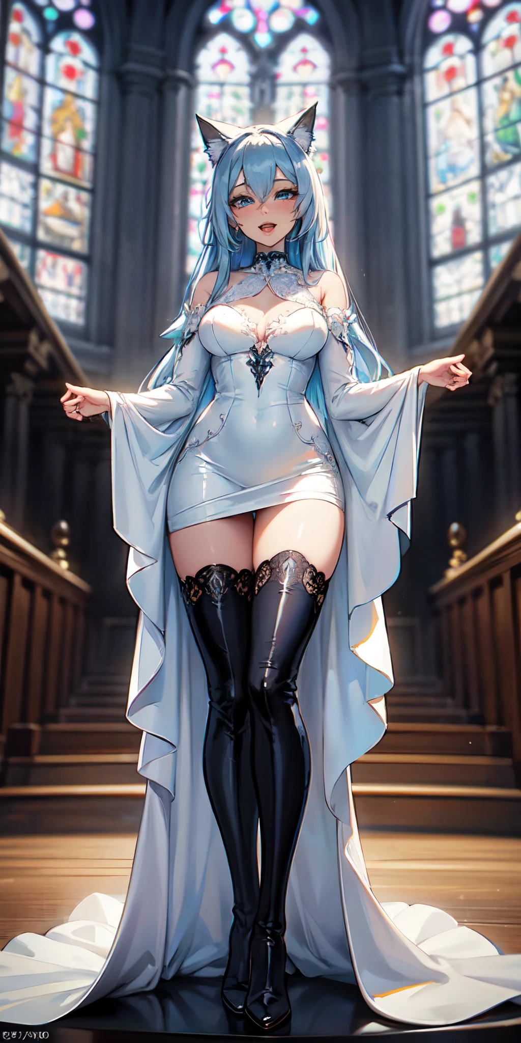 Masterpiece, beautiful art, 8k, art style by sciamano240, very detailed face, detailed clothes, detailed fabric, 1girl, beautiful face, asymmetrical long hair, light blue hair, wedding dress , black Dior thigh boots , very detailed blue cat eyes, sultry pose , legs apart , open mouth smile, church, full body view, sultry expression,