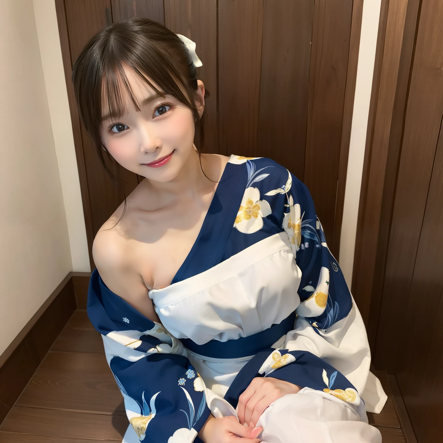 (Best Quality),(4K),(in 8K),(hight resolution),(Top image quality),cute little,traditional style artwork,White and navy blue yukata,[Off-the-shoulder] Yukata,Slender girl,[playful grin],[Large tatami bathroom],Warm,[Flushed face],[Exposed thighs],Abundant chest