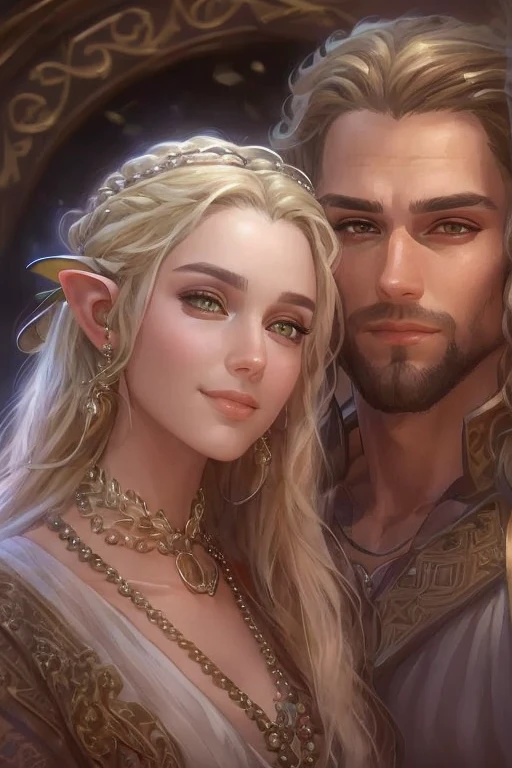 ((A smiling couple in love)), ((woman with long brown hair an elvish dress)), standing with ((a masculine man with short blonde hair and a full blonde beard wearing elvish clothelue eyes, hair with many details, 8k artgerm bokeh, fanart best artstation, render photorealistic, guweiz-style art, inspired by WLOP, ig model | artgerm, detailed waist up portrait, stunning wait up portrait of realistic face, beautiful waist up portrait, deviantart artstation cgscosiety, cinematic realistic portrait, high quality portrait, elegant digital painting, photorealistic artstyle, ((rivendel background)), ((looking at the camera)),  lord of the rings,  perfect face