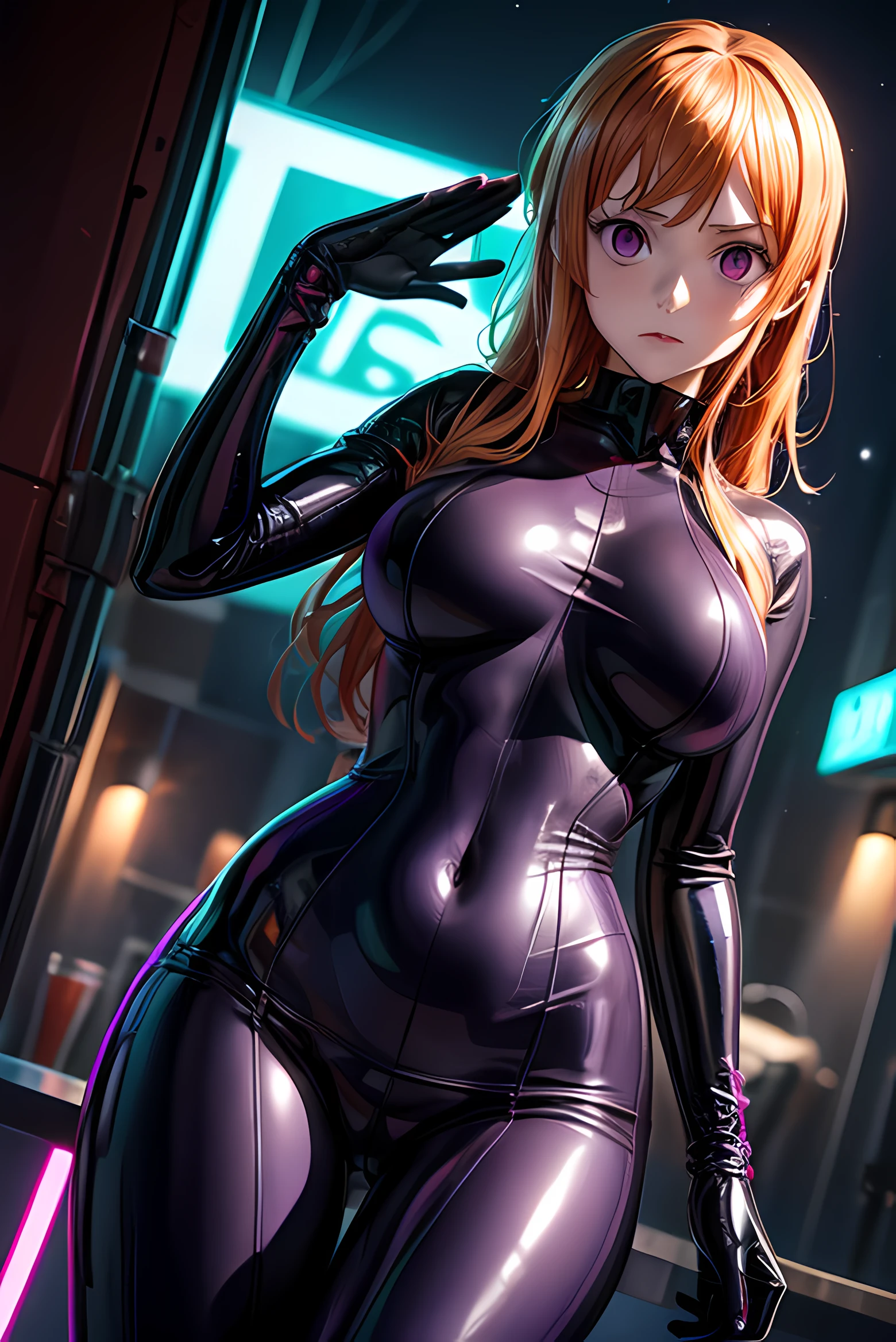 {1girl in},{{{{{masutepiece++, Best Quality++, Ultra-detailed+, 超A high resolution,(Photorealistic:1.4),Raw photo,(Nami)+,(Nami)+,(One Piece NAMI)+,(Onepiece),Orange hair, Girl in black latex full body suit,very aesthetic, Best Quality, absurderes, 1girl in, Brainwashed,}}}}}, ((purple glowing eyes 1.2)), (huge-breasted:1.2)deadpan, laboratory, Darkness Room, (Neon light:1.2), (Night:1.5), stand up and salute