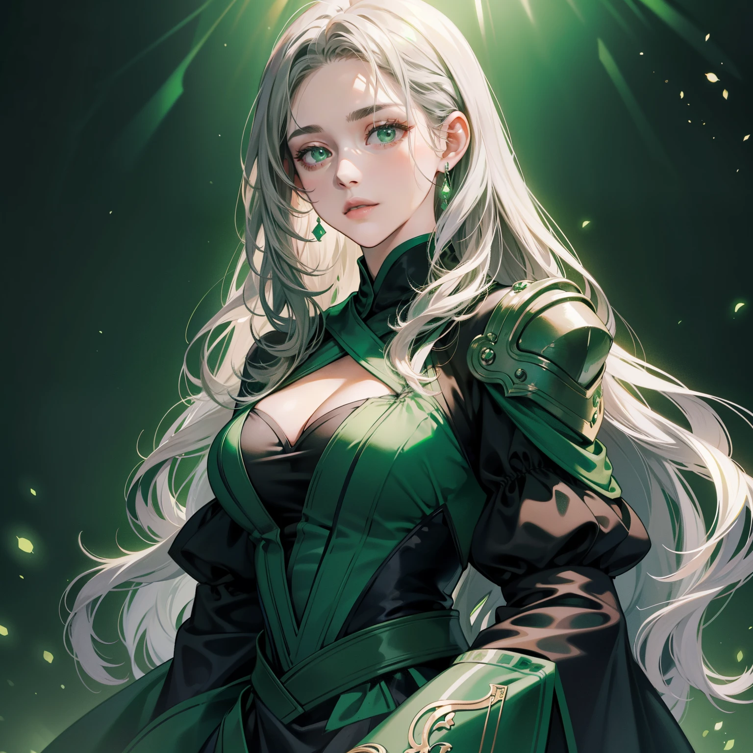 Masterpiece, high quality, best quality, HD, realistic, perfect lighting, detailed body, 1 woman, perfect eyes, long hair, gray hair, glowing, green black dress, green hacker background.
