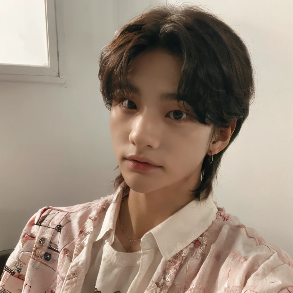 Hwang Hyunjin con cabello rubio y con una camisa rosa.