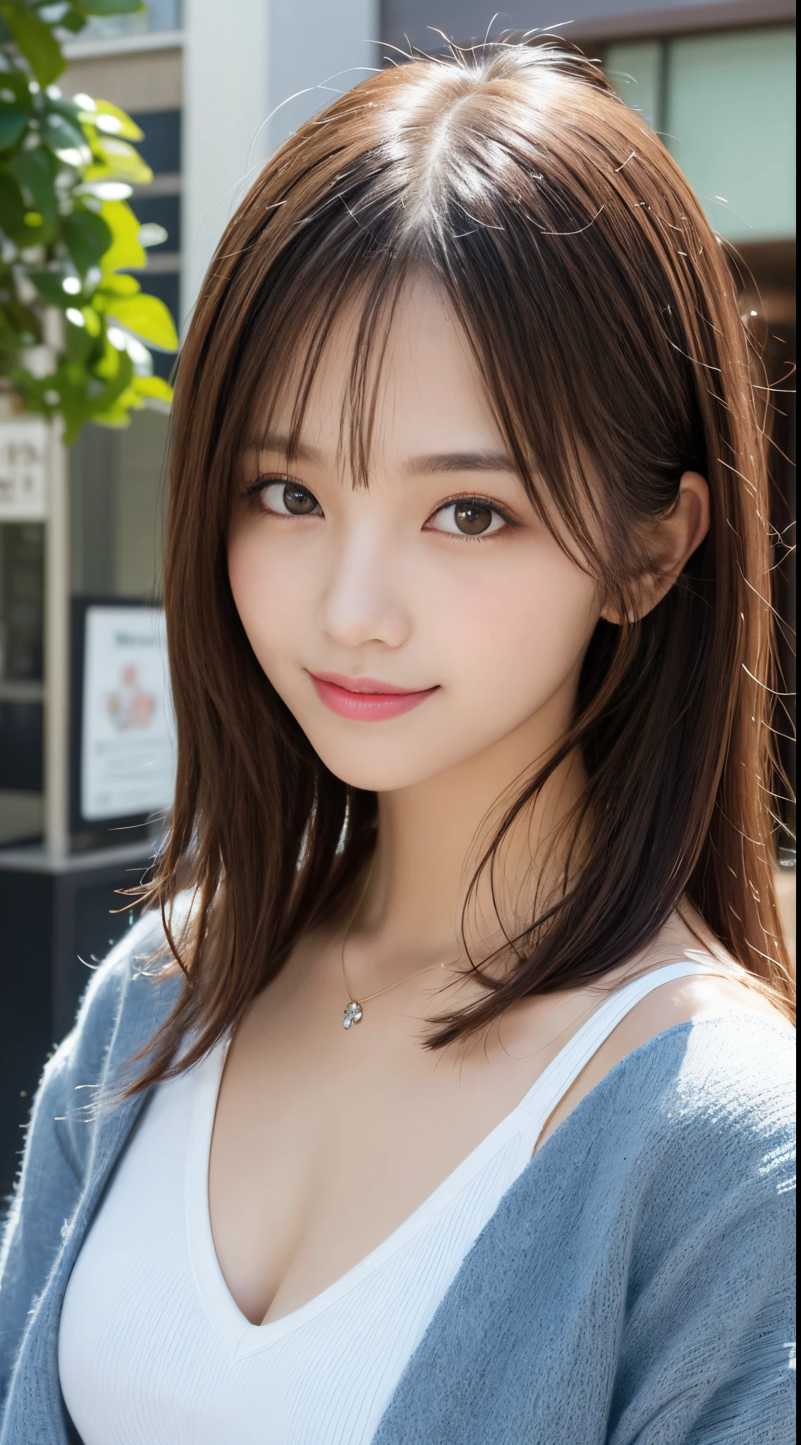 masutepiece, Best Quality, Illustration, Ultra-detailed, finely detail, hight resolution, 8K Wallpaper, Perfect dynamic composition, Beautiful detailed eyes, Women's Fashion Summer,Medium Hair,Small breasts natural color lip, Bold sexy poses,Smile,Harajuku、20 years girl、Cute、Sexy shot looking at camera