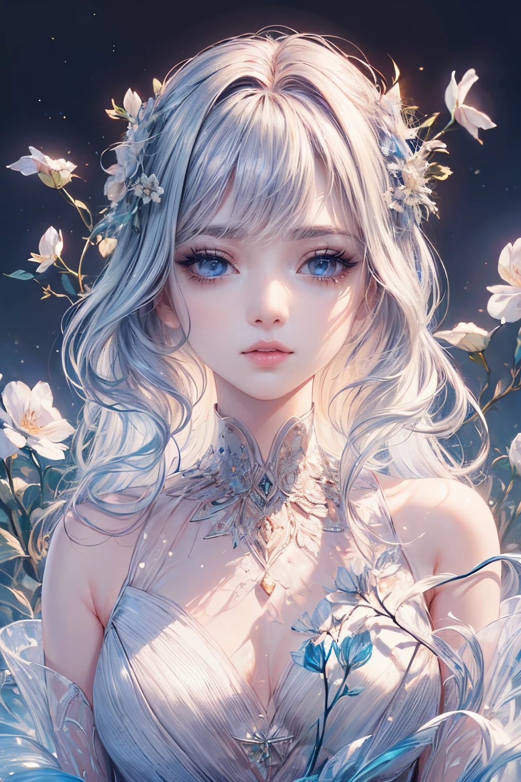 (Best quality, 8K, CG, Beautiful and detailed upper body, Solitude, Thumb girl, Transparent court dress, Flower background, Complex facial features, Long, flowing hair, almond eyes, exquisite eye makeup, long eyelashes fluttering, Blink big eyes, starrysky, Delicate lip detailing, Soft and harmonious style)