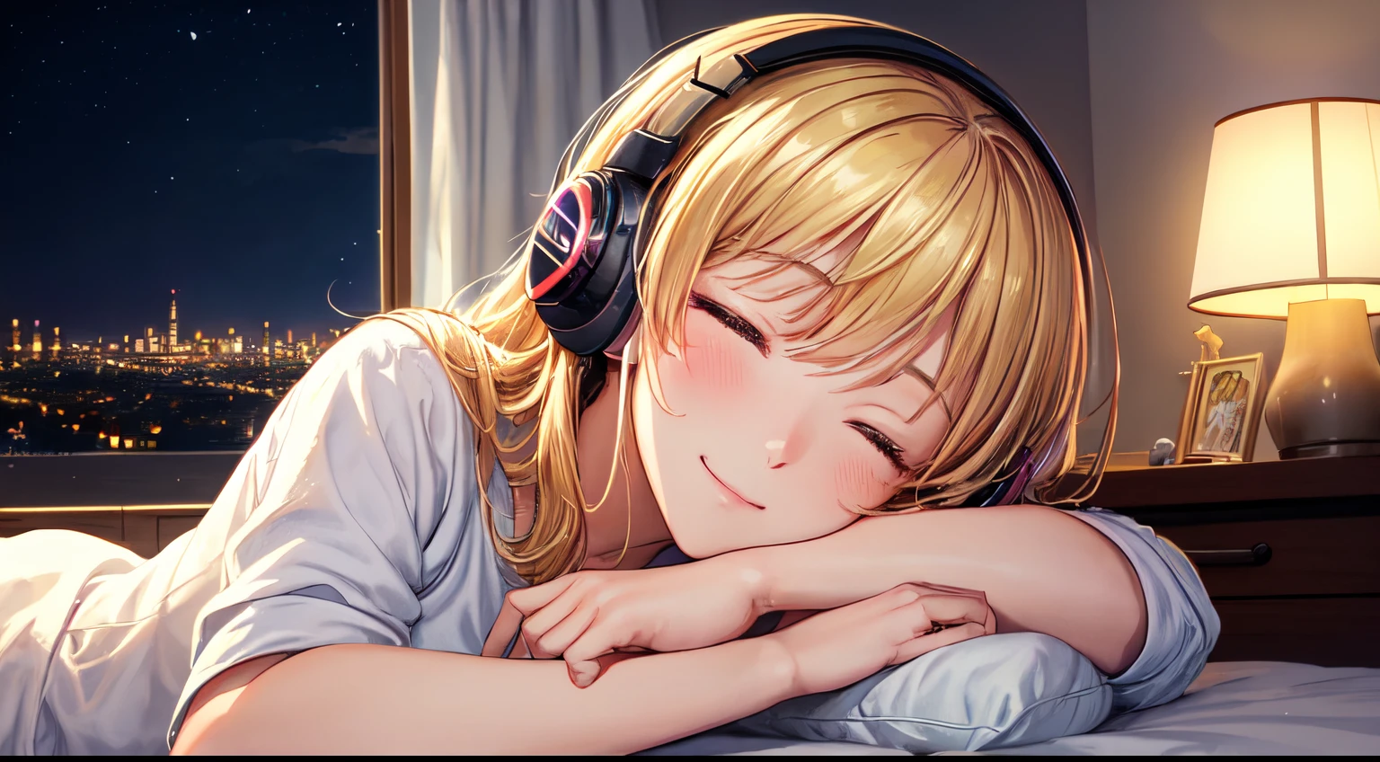 (best quality,masterpiece:1.2),detailed,perfect face,girl with blonde hair,sleeping on the bed, in a well bedroom, with big windows showing the night skyline,2D anime style,illustration,soft lighting,vibrant colors,night,peaceful atmosphere,cozy background,expressive eyes,warm smile,flowing hair,headphones on,bright-eyed,likeable character