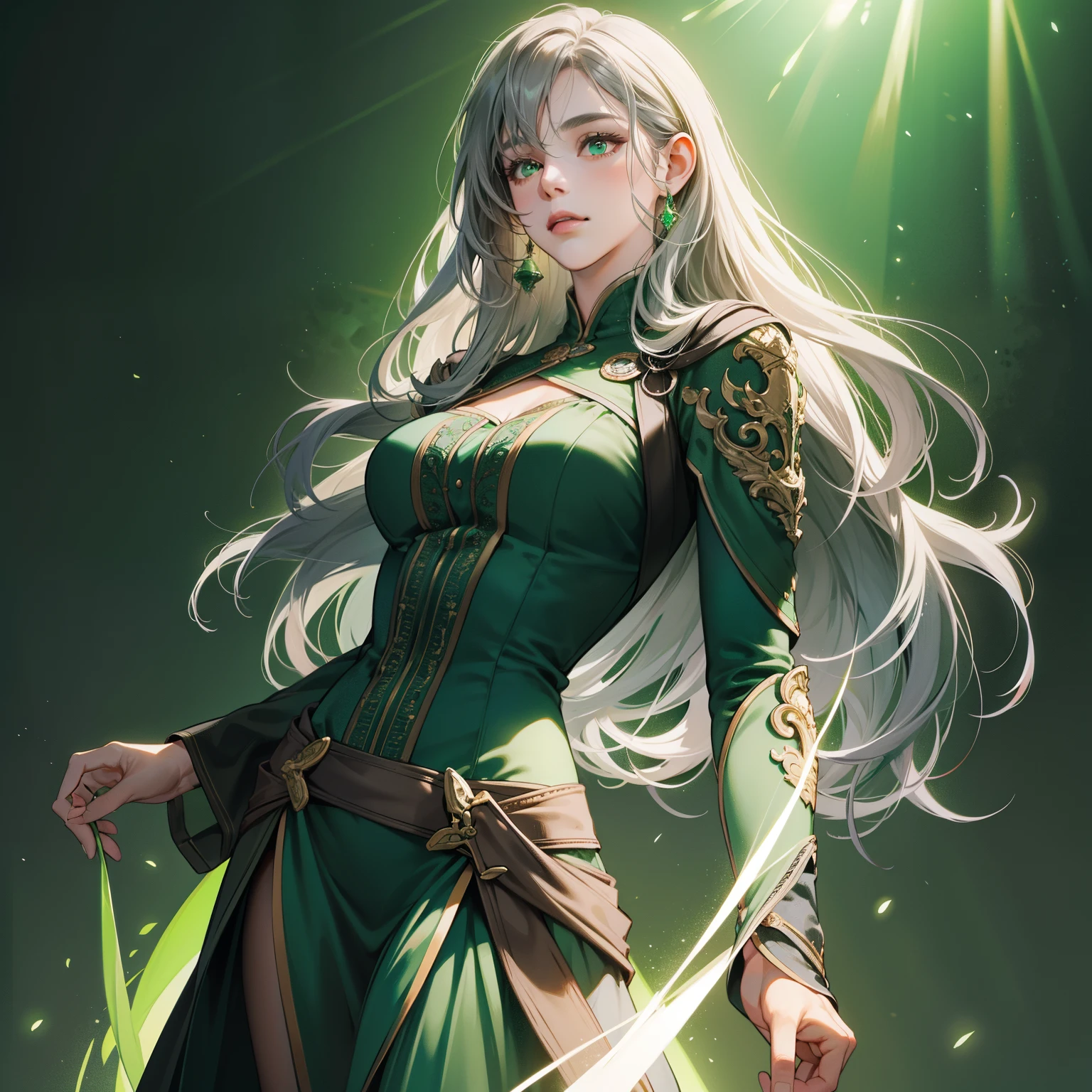 Masterpiece, high quality, best quality, HD, realistic, perfect lighting, detailed body, 1 woman, perfect eyes, long hair, gray hair, glowing, green black dress, green hacker background.