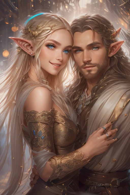 ((A smiling couple in love)), ((woman with long brown hair an elvish dress)), standing with ((a masculine man with short blonde hair and a full blonde beard wearing elvish clothelue eyes, hair with many details, 8k artgerm bokeh, fanart best artstation, render photorealistic, guweiz-style art, inspired by WLOP, ig model | artgerm, detailed waist up portrait, stunning wait up portrait of realistic face, beautiful waist up portrait, deviantart artstation cgscosiety, cinematic realistic portrait, high quality portrait, elegant digital painting, photorealistic artstyle, ((rivendel background)), ((looking at the camera)), lord of the rings, perfect face
