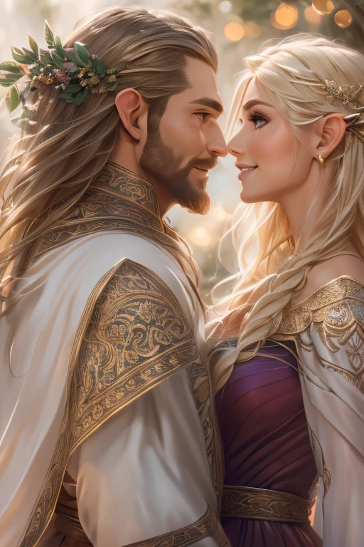 ((A smiling couple in love)), ((woman with long brown hair an elvish dress)), standing with ((a masculine man with short blonde hair and a full blonde beard wearing elvish clothelue eyes, hair with many details, 8k artgerm bokeh, fanart best artstation, render photorealistic, guweiz-style art, inspired by WLOP, ig model | artgerm, detailed waist up portrait, stunning wait up portrait of realistic face, beautiful waist up portrait, deviantart artstation cgscosiety, cinematic realistic portrait, high quality portrait, elegant digital painting, photorealistic artstyle, ((rivendel background)), ((looking at the camera)), lord of the rings, perfect face