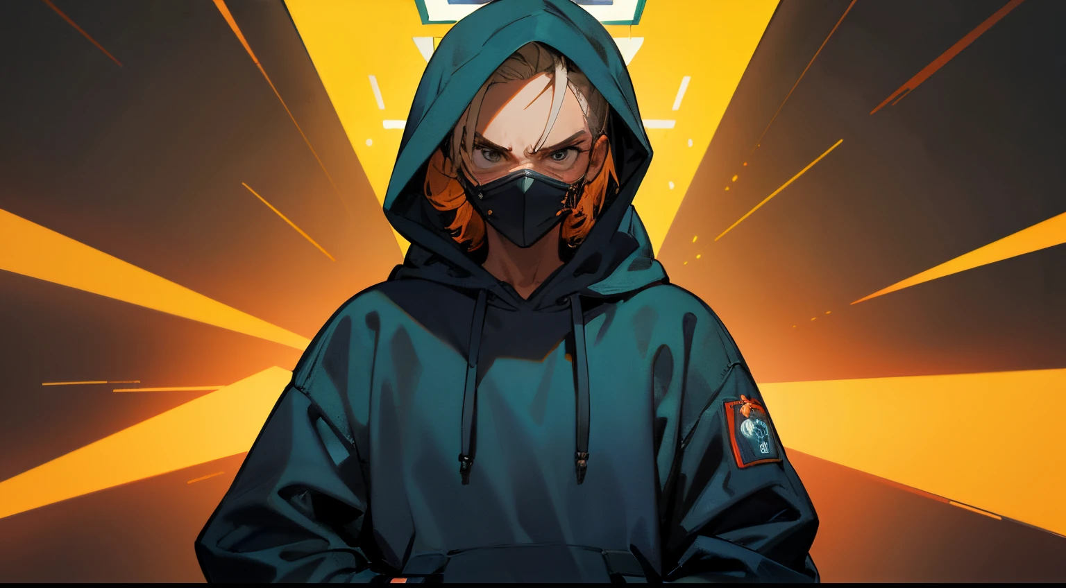 Personagem masculino jovem moreno, in a hoodie and mask, olhos de neon, serious face, hands in a pocket, sozinho