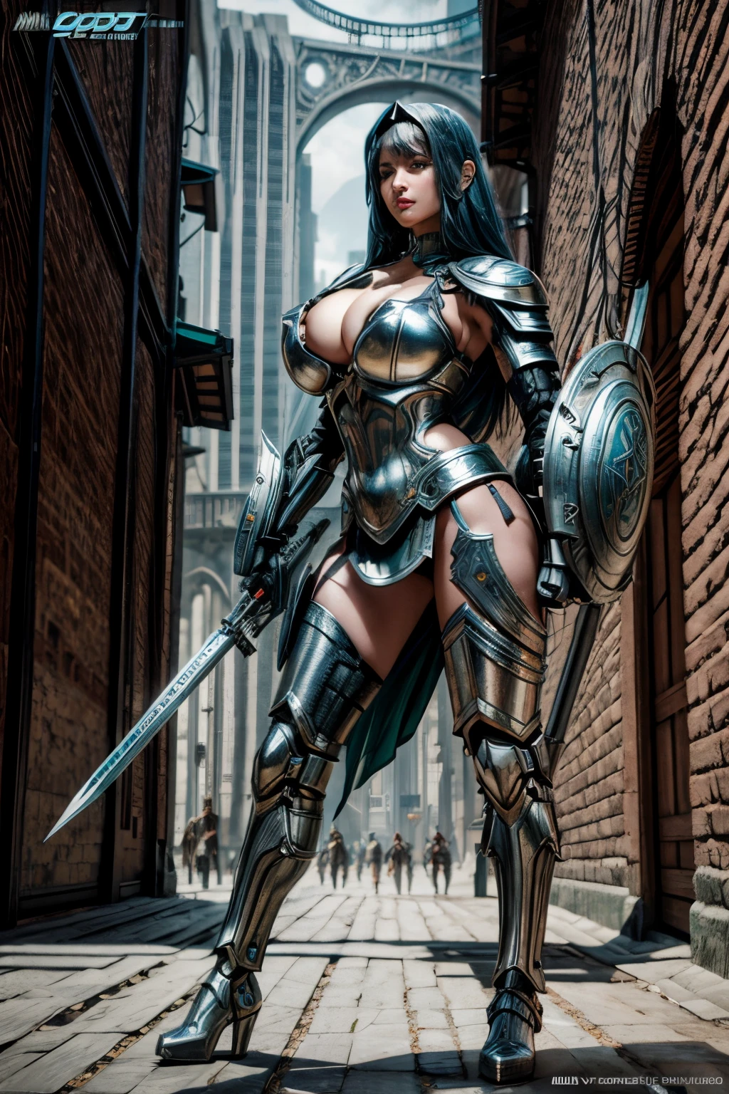 medieval Amazons are standing in a futuristic city with robots, full body shot, giga_busty