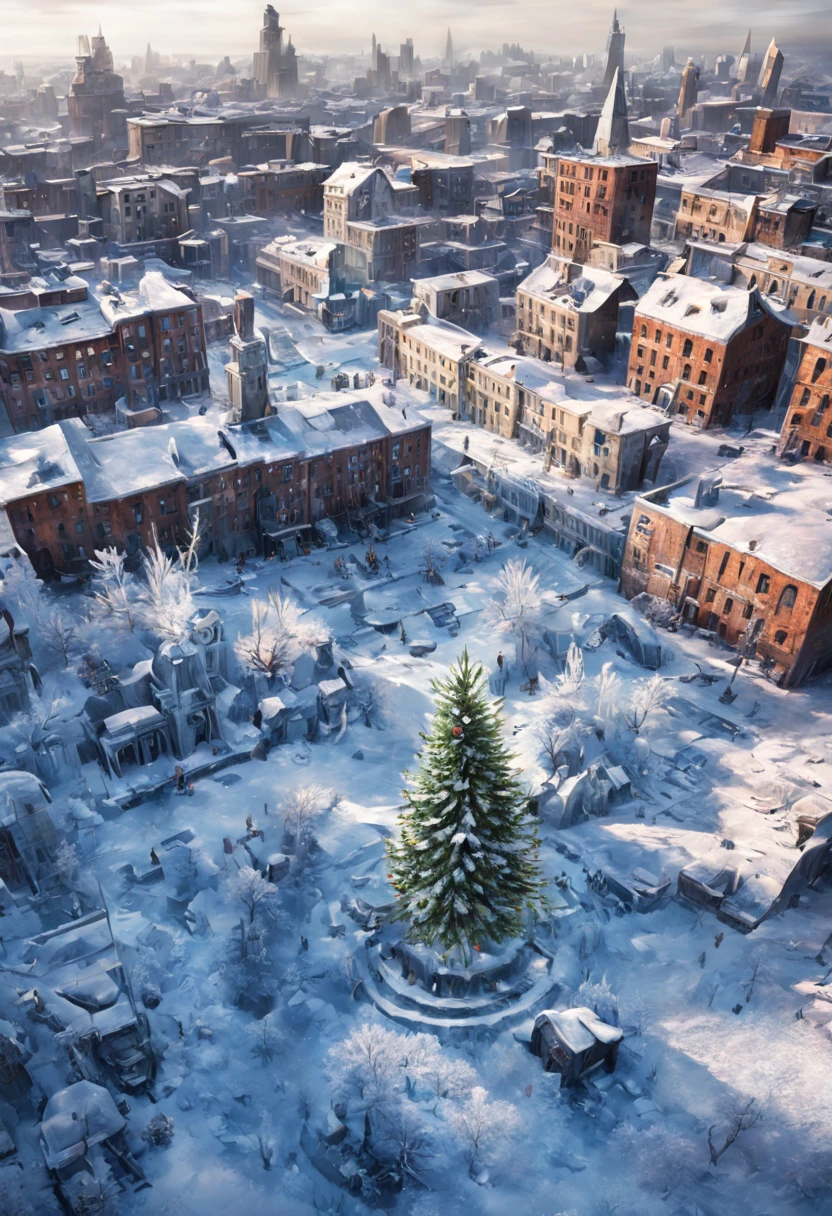 a dystopian world.a new ice age.a city is frozen over and full of snow. Ruins and wrecks,melancholisch, A survivor has put up a small Christmas tree and looks sadly at the landscape