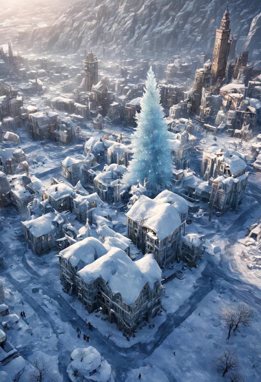a dystopian world.a new ice age.a city is frozen over and full of snow. Ruins and wrecks,melancholisch, A survivor has put up a small Christmas tree and looks sadly at the landscape