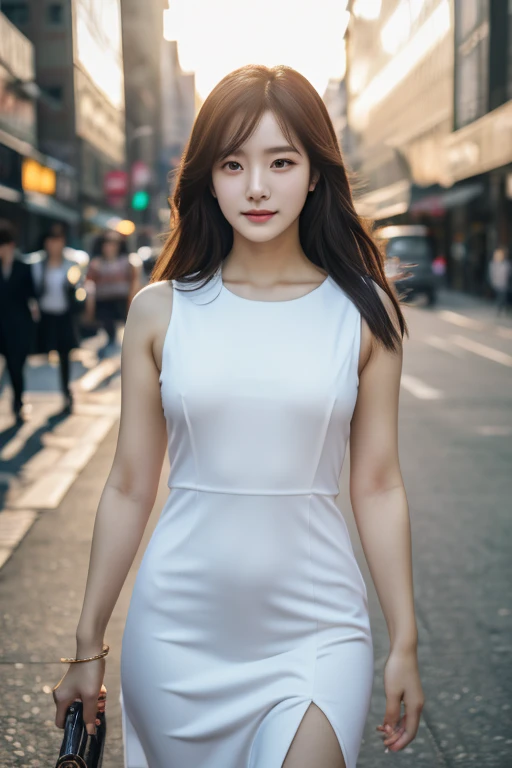 4k, high-res, best quality, (Korean idol), finely detailed skin, smooth face, sharp focus, (cinematic lighting), soft lighting, dynamic angle, [:(detailed face:1.2):0.3], A young Korean woman, in the city, full length photo, mini dress