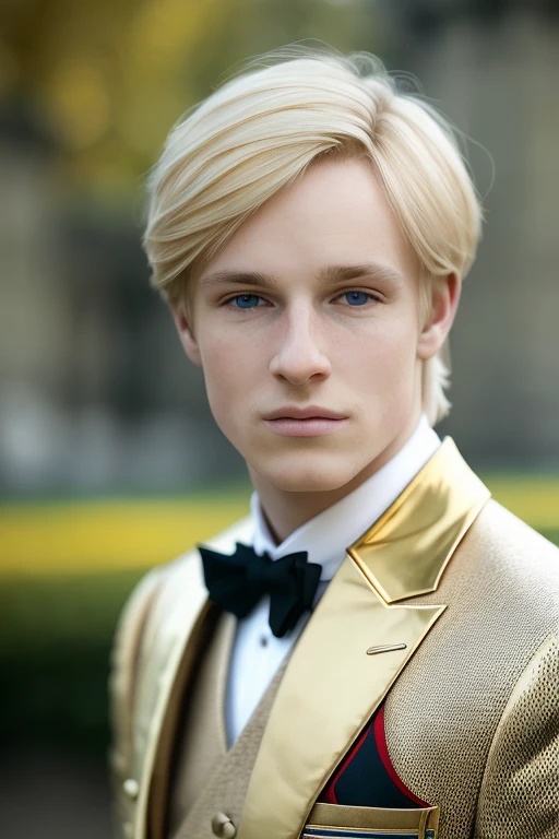 a young man, golden blonde hair,a close up of in castle, masterpiece,realistic, 4k, detailed, of london in the day, highly detailed face, f2.8,denoise, dof, prince regal clothes, blur background,