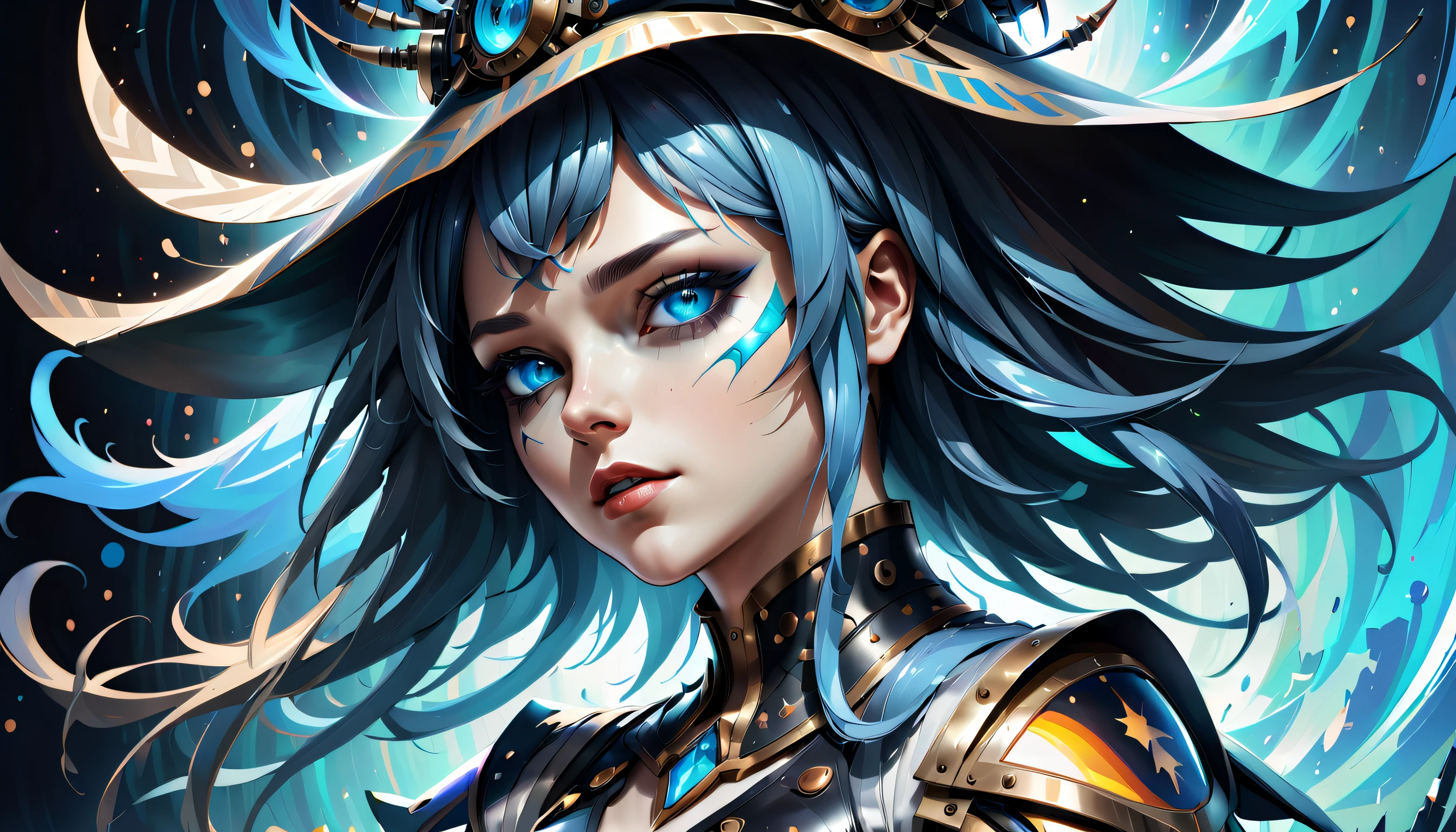 (Cyberpunk Majestic Biopunk using androids:1.2), stunning holographic rendering, Swirl explosion background, hat with neo-medieval dress, very fine detail oil painting, (Stunning composition featuring biopunk:1.1), Mechanical Engineering - Mechanical Mechanics Delicate and beautiful shining silver hair:1.3), Elegantly against the backdrop of the magnificent trance wave sky, Full of fantastic moonlight and vibrancy, Fantastic broken glass hue, Multiple strong exposure effects are depicted, matte painting photo painting, Amazing sharpness and unparalleled clarity, Breathtaking details that seem almost unrealistic, Breathtaking details make it extremely attractive, Brush stroke techniques with exquisite details that are very unrealistic, amazing brush stroke technique, Unreal exquisite details, Gel ink craft dark cyan multicolor, crazy beautiful shine, Add impressive high contrast scenes, Overall amazingly beautiful, Amazingly accurate and elaborate throughout, (Gouache masterpieces inspired by medieval samurai and dark fantasy witches:1.1), crazy glow hair, (Mysterious coating:1.1),