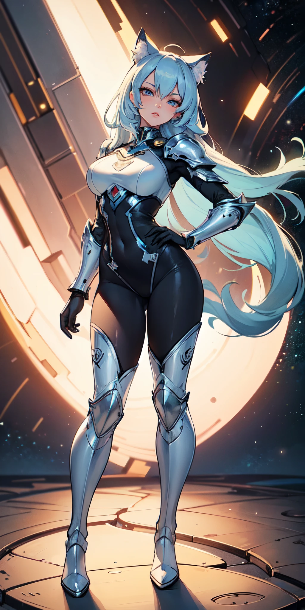 Masterpiece, beautiful art, 8k, art style by sciamano240, very detailed face, detailed clothes, detailed fabric, 1girl, beautiful face, asymmetrical long hair, light blue hair, space armor , thigh boots , very detailed blue cat eyes, hero stance , serious expression, battlefiled, full body view,