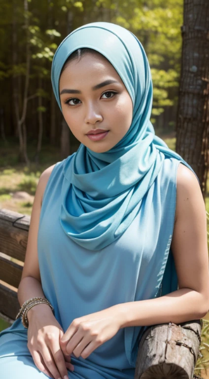 RAW, Best quality, high resolution, masterpiece: 1.3), beautiful Malay woman in hijab, Masterpiece, perfect  fit body, (Huge breastig gorgeous eyes, Soft smile, woman in a light blue scarf sitting in mountain, sleeveless dress, lovely woman, hijab, malay, Beutifull girl, with lovely look, casual pose, beautiful lady, shawl, beautiful woman, with accurate, scarf, Delicate turtleneck, necklace, shairband, afternoon walk forest, Excellent lighting, Bright colors, Clean lines