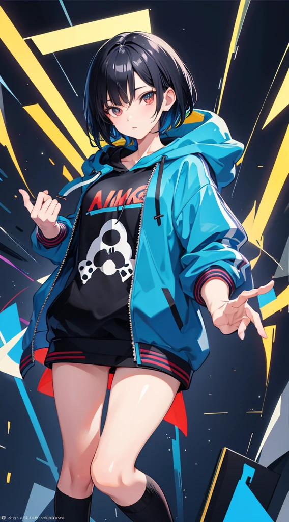 Girl with short black hair、A girl wearing a blue jacket hoodie is looking at the camera、full body Esbian、Top image quality、digital anime art、Colorful Digital Painting、Anime Style 8K、digital anime illustration、a beautiful anime portrait、Vibrant digital painting、Detailed Digital Anime Art、