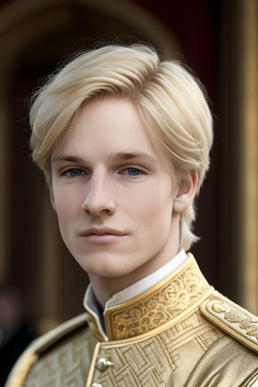 a young man, golden blonde hair,a close up of in castle, masterpiece,realistic, 4k, detailed, of london in the day, highly detailed face, f2.8,denoise, dof, prince regal clothes, blur background,